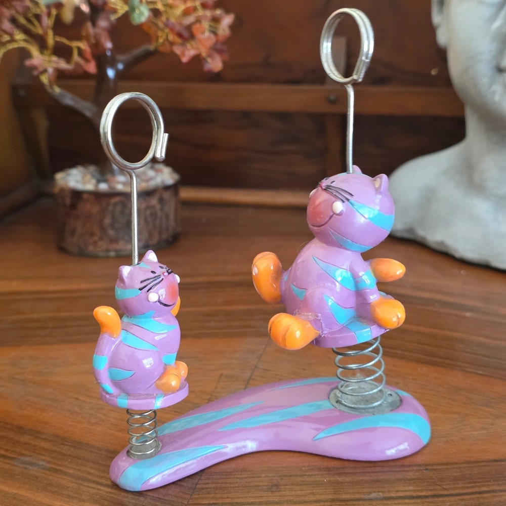 Blowfish Purple Striped Bobble Cat Double Photo Memo Clip Holder Desk Decor‎